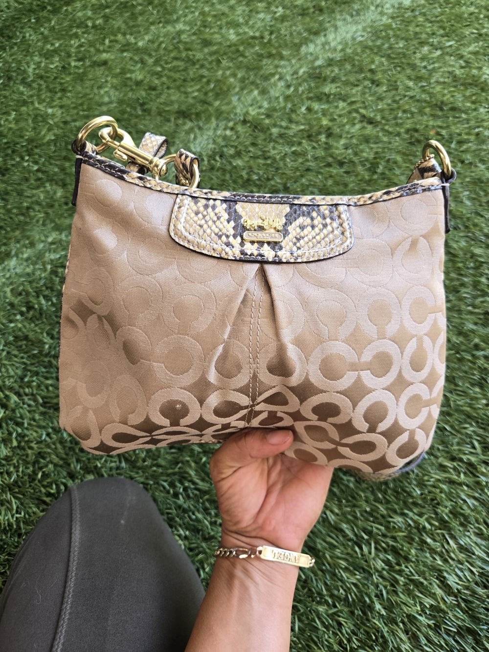 Coach Taupe Signature Jacquard Shoulder Bag with Snakeskin Trim